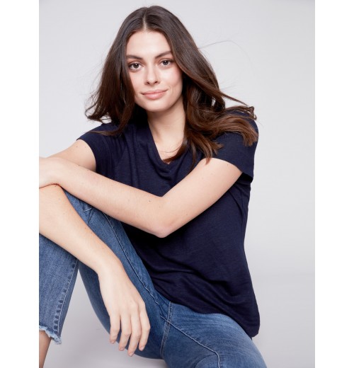 V-Neck Linen T-Shirt - Navy