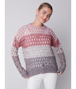 Striped Net Stitch Sweater - Port