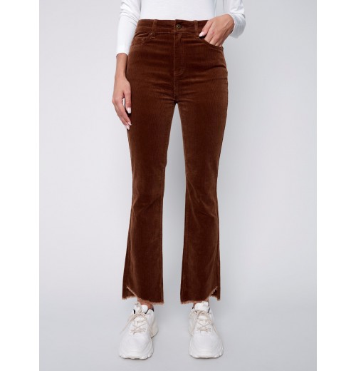 Bootcut Corduroy Pants with Asymmetrical Fringed Hem - Truffle