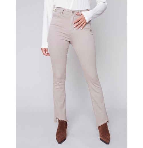 Bootcut Twill Pants with Asymmetrical Fringed Hem - Almond