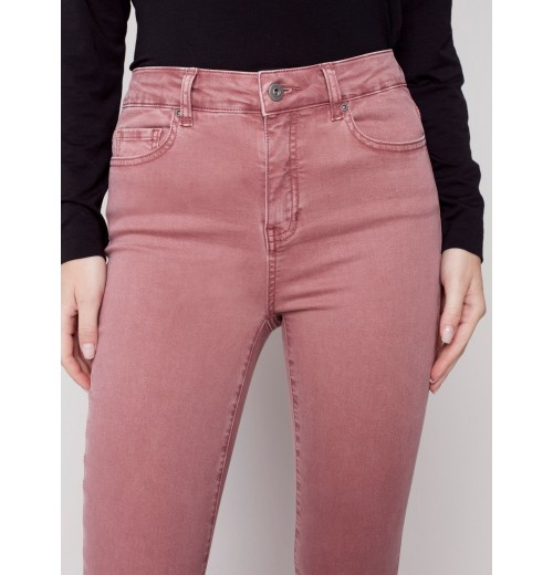 Bootcut Twill Pants with Asymmetrical Fringed Hem - Raspberry