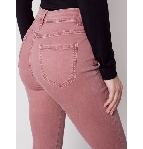 Bootcut Twill Pants with Asymmetrical Fringed Hem - Raspberry