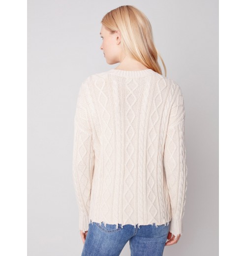 Cotton Blend Cable Knit Sweater - Ecru