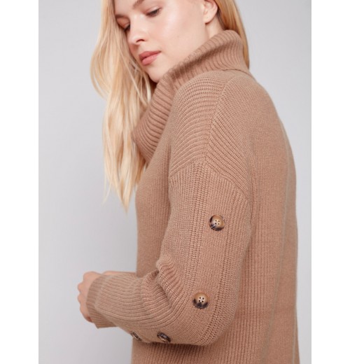 Cowl Neck Sweater with Button Detail - Truffle