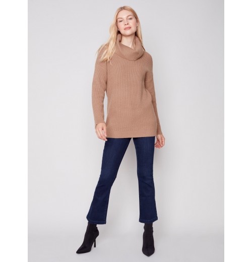 Cowl Neck Sweater with Button Detail - Truffle