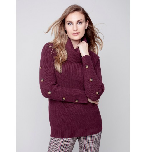 Cowl Neck Sweater with Button Detail - Port