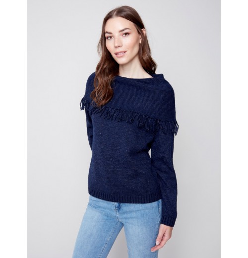 Fringed Cowl Neck Sweater - Denim