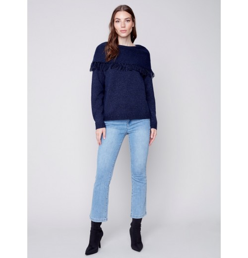 Fringed Cowl Neck Sweater - Denim