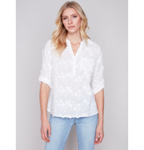 Half-Button Embroidered Cotton Blouse - White