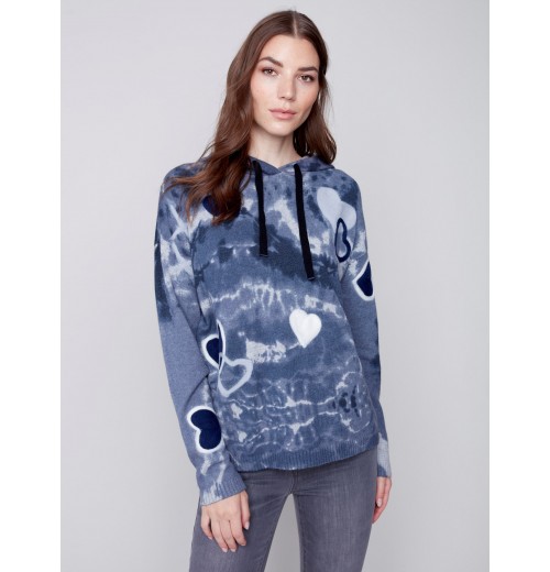 Hooded Sweater with Graffiti Print - Denim