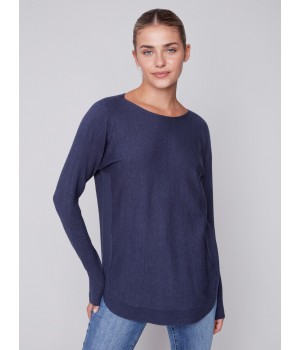 Knit Sweater with Back Lace-up Detail - Denim