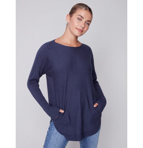 Knit Sweater with Back Lace-up Detail - Denim