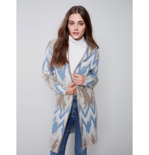 Long Jacquard Knit Cardigan - Denim