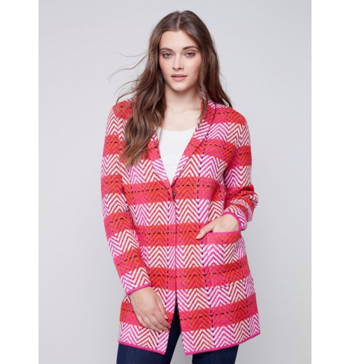 Long Plaid Cardigan with Shawl Collar - Orchid