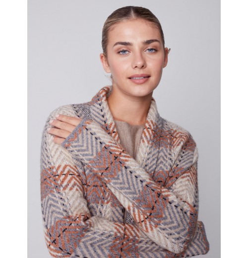 Long Plaid Cardigan with Shawl Collar - Truffle