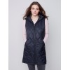 Long Quilted Puffer Vest with Hood - Black