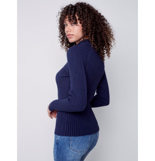 Mock Neck Rib Sweater - Navy