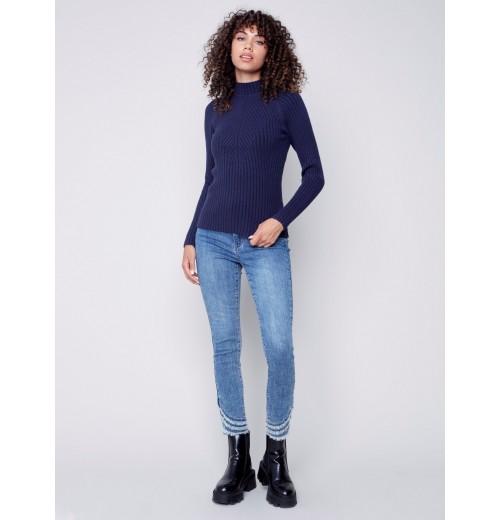 Mock Neck Rib Sweater - Navy