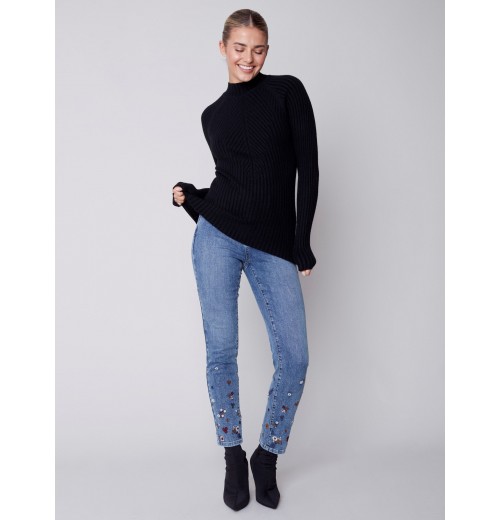 Mock Neck Rib Sweater - Black