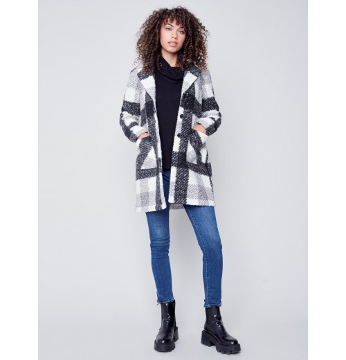 Plaid Bouclé Knit Coat - Black & Cream