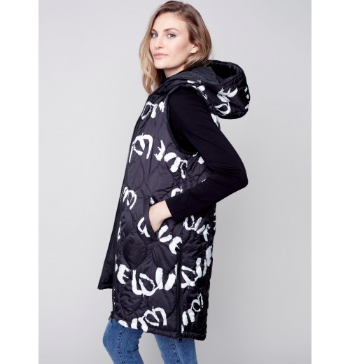 Printed Long Quilted Puffer Vest with Hood - Black & Cream