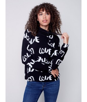 Printed Ottoman Cotton Funnel Neck Sweater - Black & White