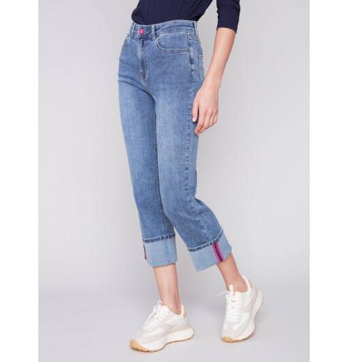 Straight Leg Jeans with Folded Cuff - Medium Blue