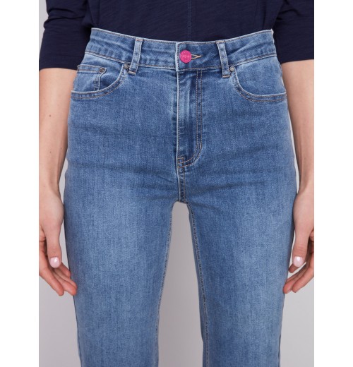 Straight Leg Jeans with Folded Cuff - Medium Blue