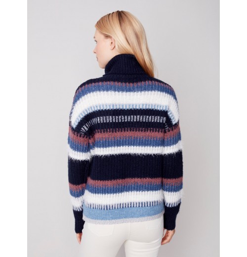 Striped Cowl Neck Sweater - Navy