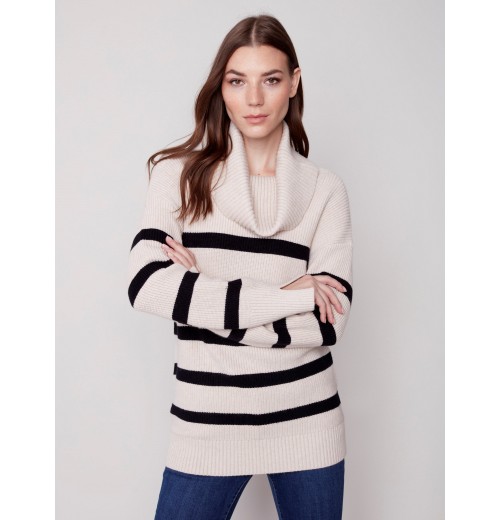 Striped Sweater with Cowl Neck - Almond