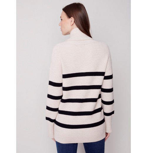 Striped Sweater with Cowl Neck - Almond