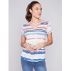 Striped V-Neck Linen T-Shirt - Pastel