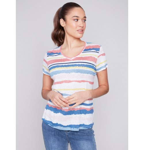 Striped V-Neck Linen T-Shirt - Pastel