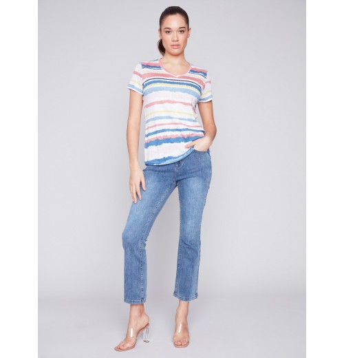 Striped V-Neck Linen T-Shirt - Pastel