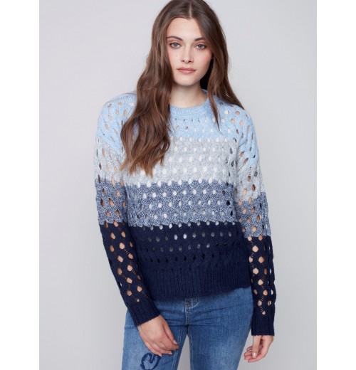 Striped Net Stitch Sweater - Indigo