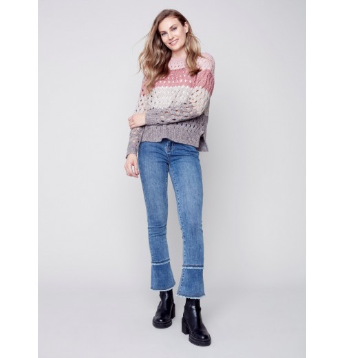 Striped Net Stitch Sweater - Port