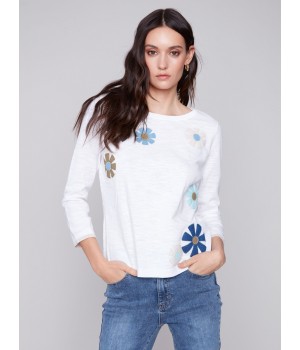 Sweater with Flower Patches - White