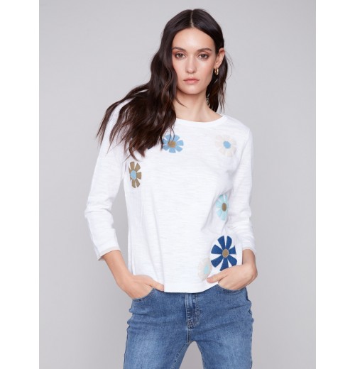 Sweater with Flower Patches - White