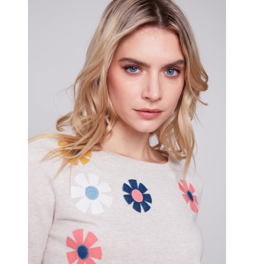 Sweater with Flower Patches - Beige