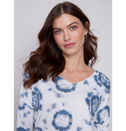 Tie Dye V-Neck Knit Top - Indigo