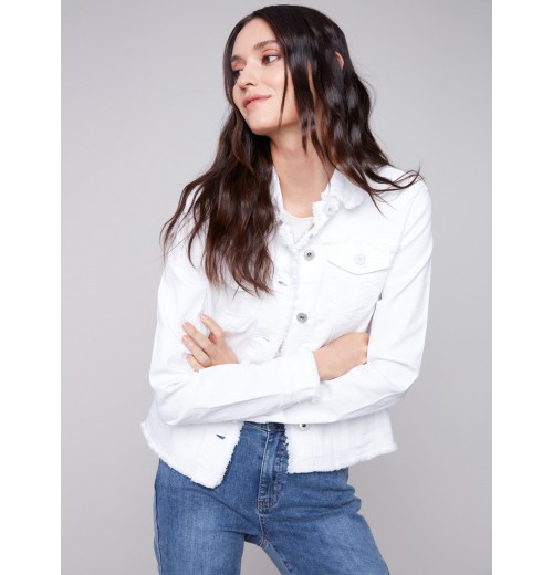 Twill Jean Jacket with Frayed Edges - White