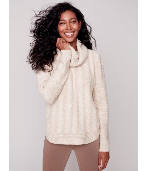 Two-Toned Cable Knit Cowl Neck Sweater - Almond