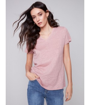 V-Neck Linen T-Shirt - Dusty Rose