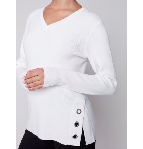 V-Neck Sweater with Grommet Detail - Cream