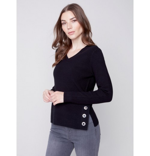 V-Neck Sweater with Grommet Detail - Black