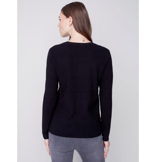 V-Neck Sweater with Grommet Detail - Black