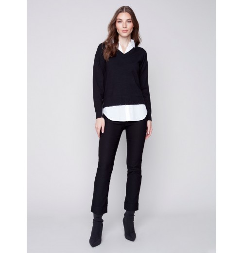 V-Neck Sweater with Shirt Collar - Black